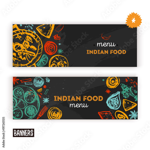 Indian Food menu background with lettering. Modern Sketch Flyer for cafe.