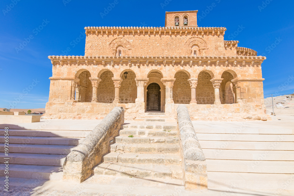 stairs to church San Miguel (Saint Michael), romanesque style landmark and public monument from eleventh century, in San Esteban de Gormaz, Soria, Spain, Europe
