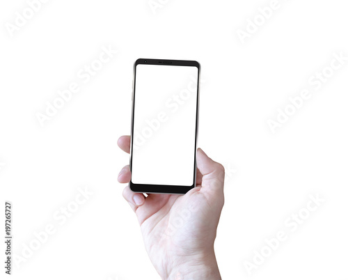Man holding smartphone with isolated screen for mock up. White background