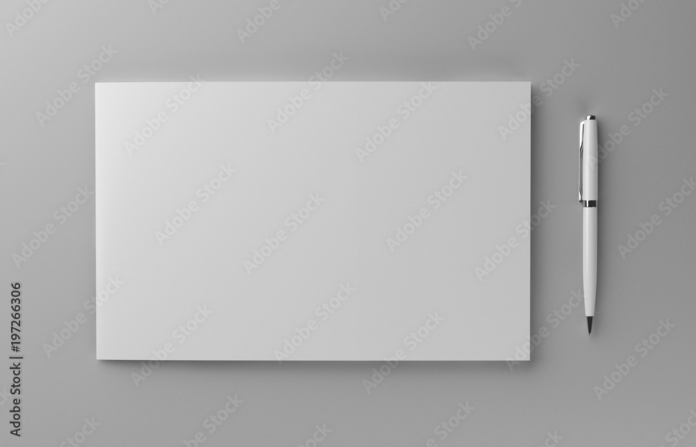 Blank photorealistic brochure with pen mockup on light grey background, 3d Illustration. Blank photorealistic brochure with pen mockup on light grey background, 3d Illustration.