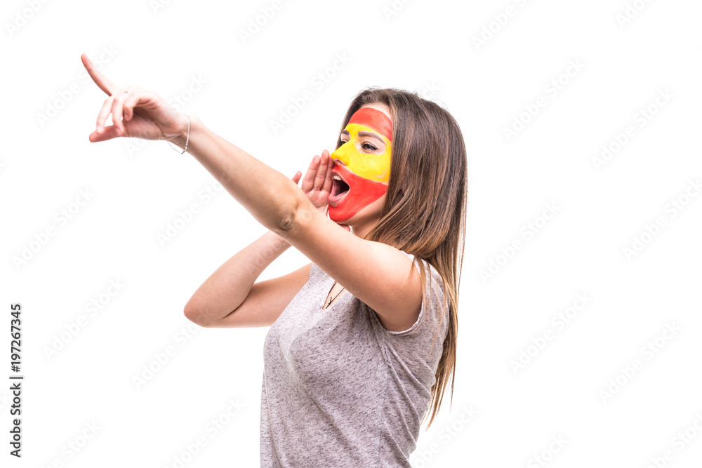 pretty woman supporter fan of Spain national team painted flag face get happy victory screaming pointed hand. Fans emotions.