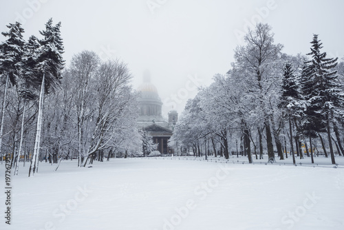 Saint Isaac's cathedral in St. Petersburg, Russia on a snowy winters day.