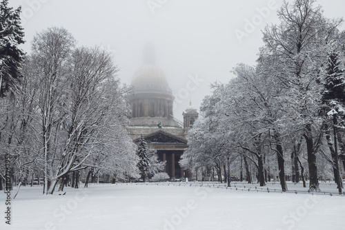 Saint Isaac's cathedral in St. Petersburg, Russia on a snowy winters day.