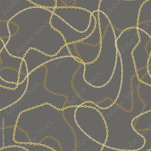 Seamless pattern with different golden chains on a gray background. Vector.