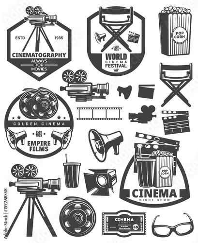 Set of cinema labels. Elements for design on the cinema theme. Collection of cinema symbols. Movies black white emblems set with reel chair clapper megaphone award projector and inscriptions.