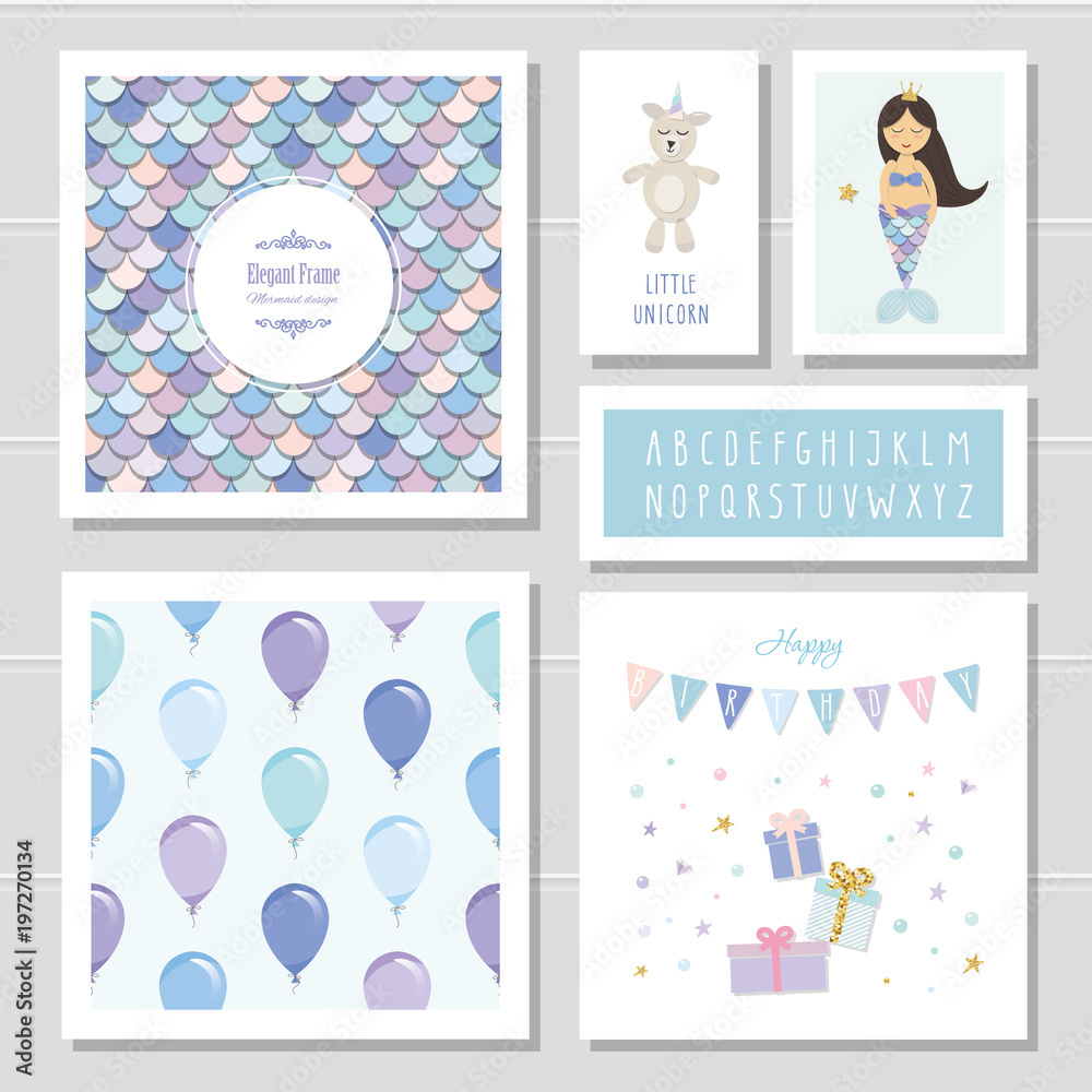 Birthday card templates set. Mermaid and little unicorn cartoon ...