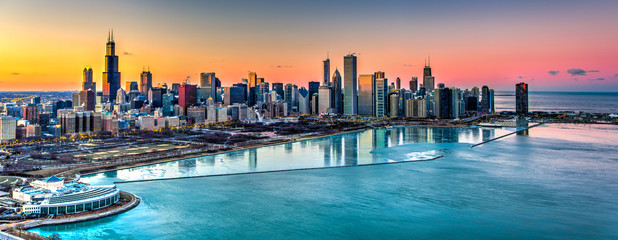 Fotobehang Chicago Winterse zonsondergang achter Chicago  © Drone Dood