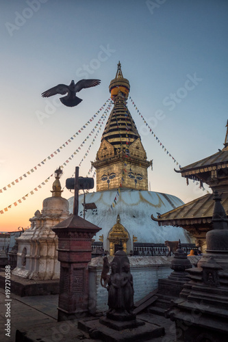 Kathmandu, Nepal - November 8, 2017: The Swayambhunath Stupa (Monkey Temple). On the territory of the Buddhist temple live hundreds of monkeys