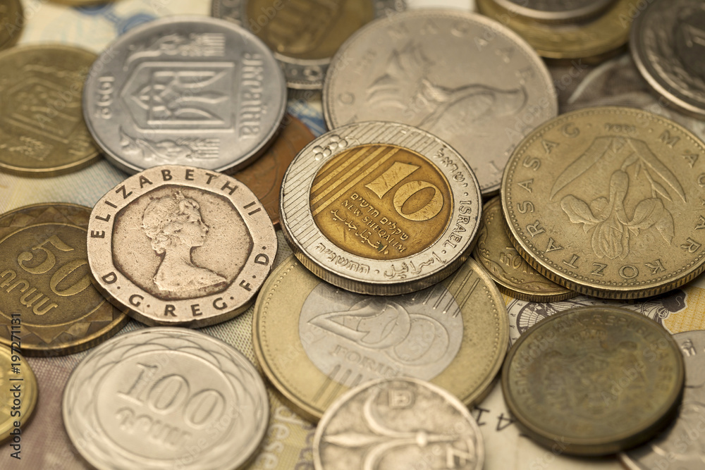 Different kinds Coins from the all World in the Detail Different kinds Coins from the all World in the Detail