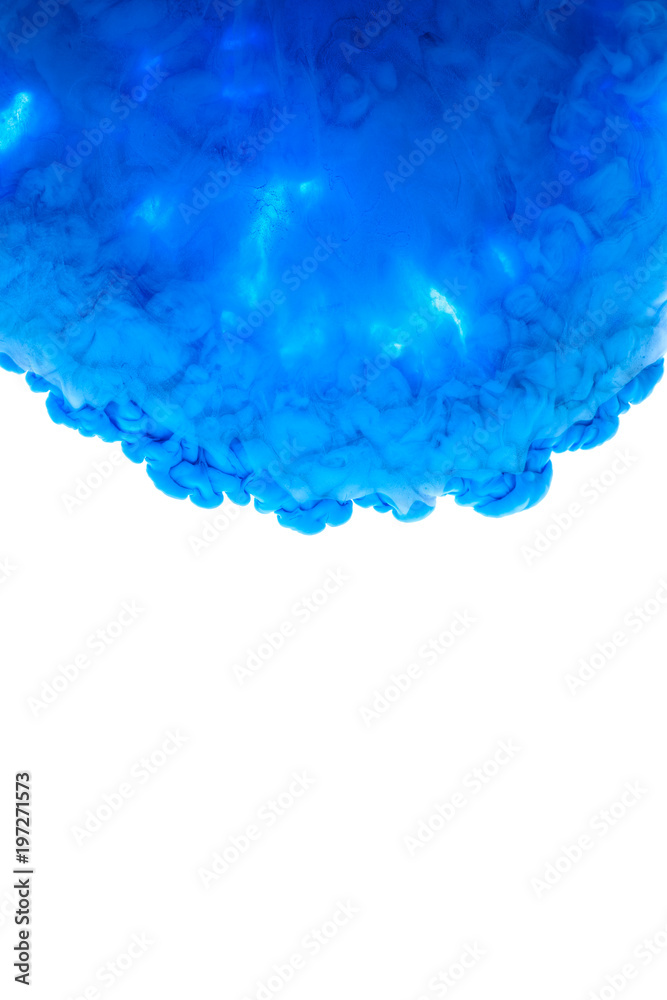 Color drop in water, photographed in motion. Abstract swirling. Cloud of silky bulb under water isolated on white background. Blue paint Color drop in water, photographed in motion. Abstract swirling. Cloud of silky bulb under water isolated on white background. Blue paint