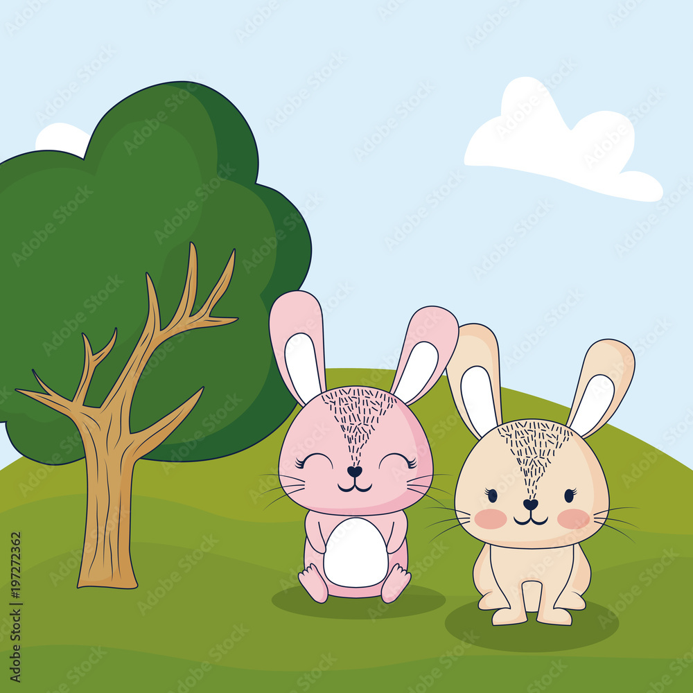 Fototapeta premium cute rabbits in a forest, colorful design. vector illustration