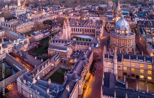 Aerial evening view of central Oxford, UK photo