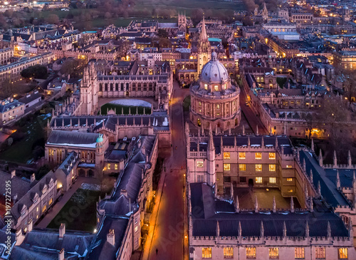 Aerial evening view of central Oxford, UK photo