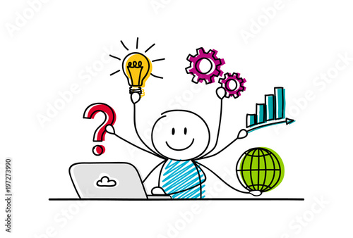 Conceptual illustration with cartoon stickman showing process from idea to company success. Vector.