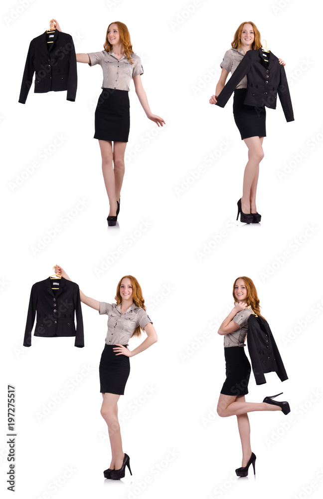 Woman choosing the dress isolated on white