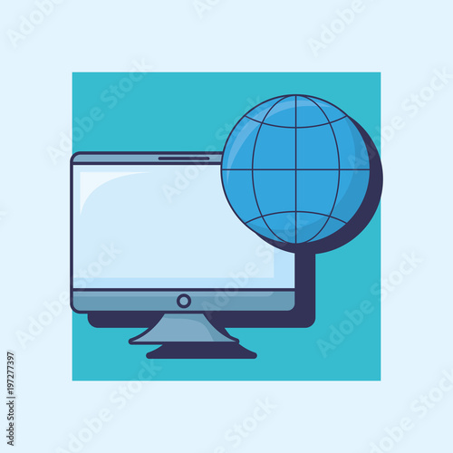 Computer with global sphere icon over blue background, colorful deign vector illustration