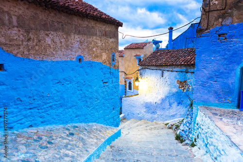 Chefchaouen blue town street in Morocco photo