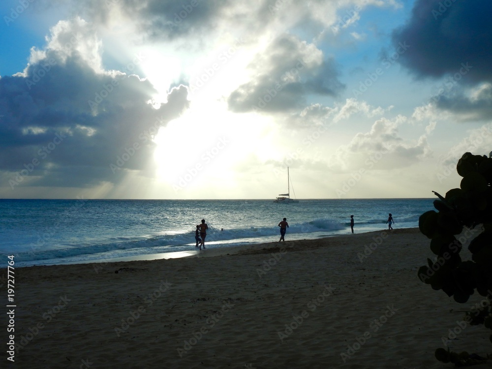 Beautiful idyllic sunset with tourists taking a stroll on the beach, the ocean, trees and a dark blue sky with clouds on the Caribbean island of Martinique