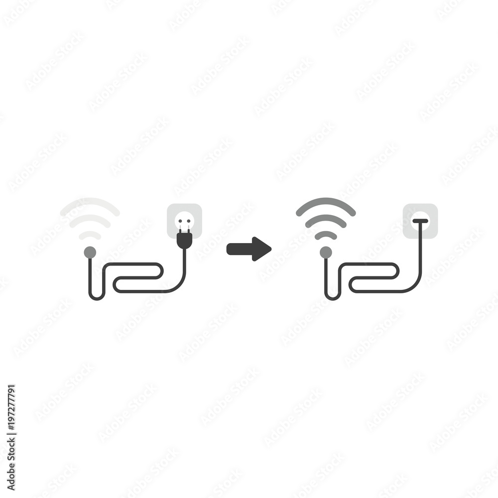 Vector icon concept of wireless wifi symbol with cable and plugged into outlet and signal increased Vector icon concept of wireless wifi symbol with cable and plugged into outlet and signal increased