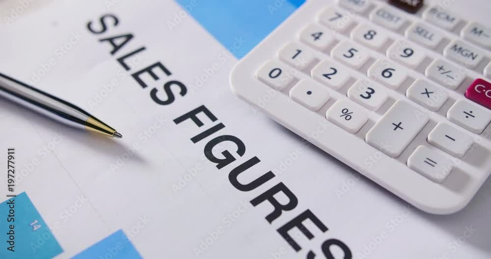 Closeup Of Calculator And Ballpoint Pen On Sales Figures 4K Closeup Of Calculator And Ballpoint Pen On Sales Figures 4K