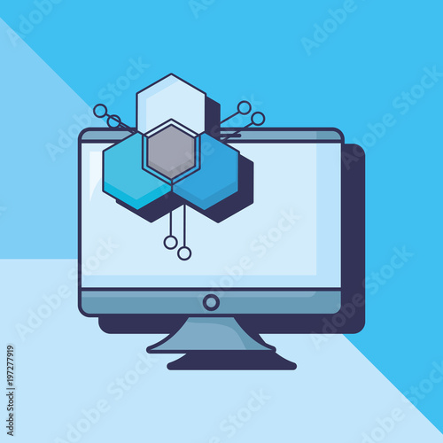 Computer monitor over blue background, colorful deign vector illustration