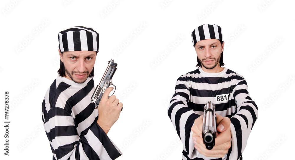 Prison inmate with gun isolated on white Prison inmate with gun isolated on white