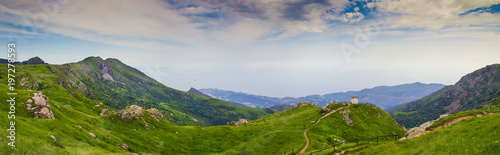 Panoramic view over the Liguria Riviera and the Mediteranean Sea from the Beigua National Geopark in Italy