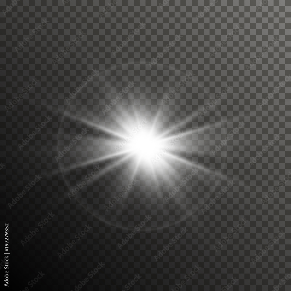 Glow light lens flare special effect. Shiny starburst with sparkles. Transparent sun flash with spotlight and rays