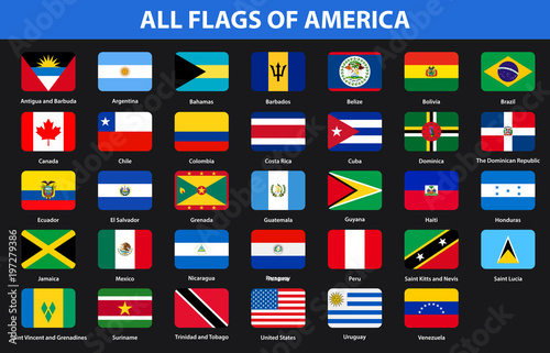 Flags of all countries of American continents. Flat style