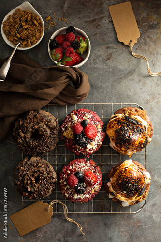 Variety of donuts on a cooling rack