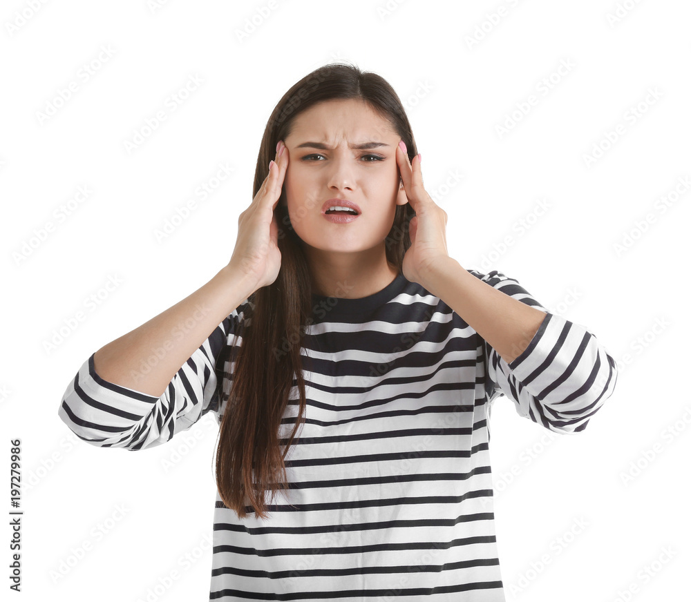 Young woman suffering from headache on white background Young woman suffering from headache on white background