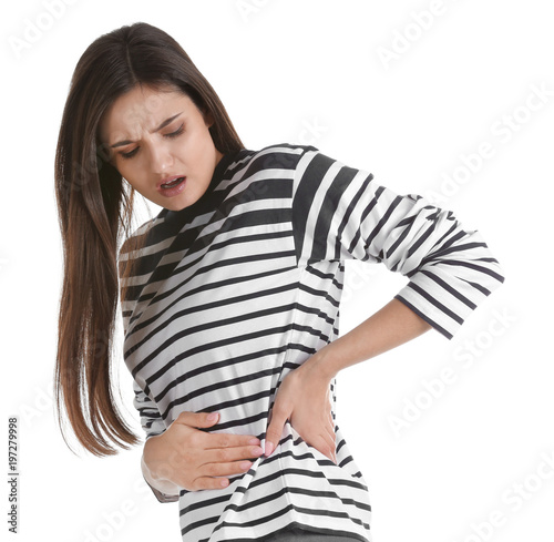 Принти на полотні Young woman suffering from flank pain on white background