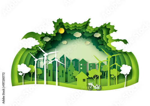 Save the world with ecology and environment conservation concept.Green eco city and urban landscape for green energy paper art style.Vector illustration.