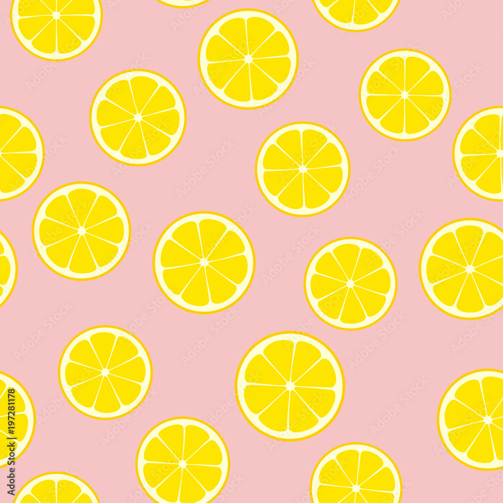Pink Lemonade Seamless Vector Pattern Tile. Yellow Lemon Halves Round Slices Randomly Arranged on Pink Background. Lemonade Stand Picnic Party Decor. Food Packaging Design. Swatch Included. Pink Lemonade Seamless Vector Pattern Tile. Yellow Lemon Halves Round Slices Randomly Arranged on Pink Background. Lemonade Stand Picnic Party Decor. Food Packaging Design. Swatch Included.