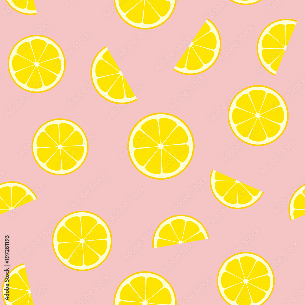 Pink Lemonade Seamless Vector Pattern Tile. Yellow Lemon Round and Half Slices Randomly Arranged on Pink Background. Lemonade Stand Picnic Party Decor. Food Packaging Design. Swatch Included. Pink Lemonade Seamless Vector Pattern Tile. Yellow Lemon Round and Half Slices Randomly Arranged on Pink Background. Lemonade Stand Picnic Party Decor. Food Packaging Design. Swatch Included.