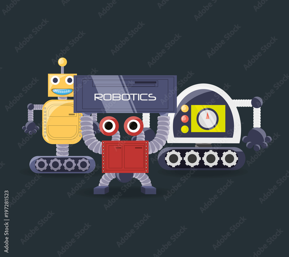 Naklejka premium Robotic design with cartoon happy robots over gray background, colorful design vector illustration
