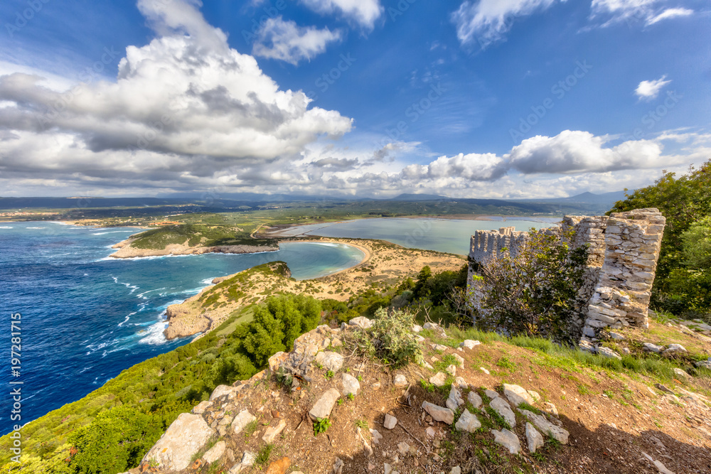 Aerial view Voidokilia beach seen from navarino castle