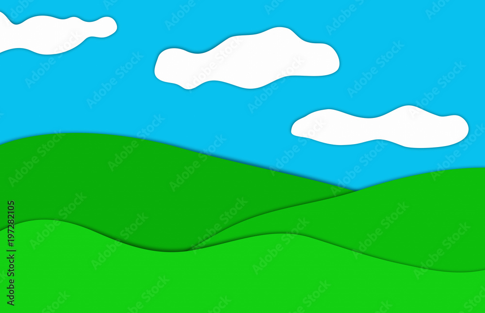 Drawing of a blue sky woth clouds over grassland, illustration.