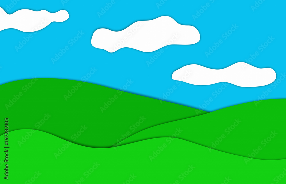 Obraz premium Drawing of a blue sky woth clouds over grassland, illustration.
