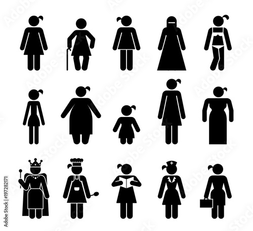 Set of female pictograms that represent various kinds of people. Body appearance. Pictograms which represent various types of female body shape and age difference.