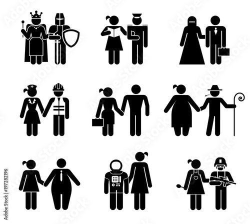 Set of pictograms that represent various kinds of people. Body appearance. Pictograms which represent couples in love with various types of body shape and age difference.