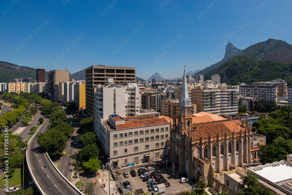 View of Buildings of Botafogo Neighborhood and Corcovado Mountain in Rio de Janeiro, Brazil