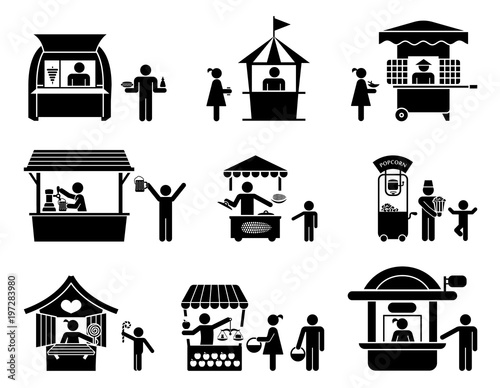 Collection of vector illustrations of various kiosk. For use in public places. Fairs, street sellers and stands presented as pictograms. Fast food stands.