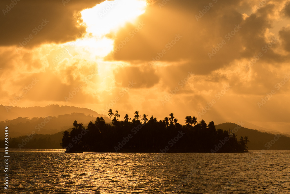 scenic sunset sky above palm tree island landscape