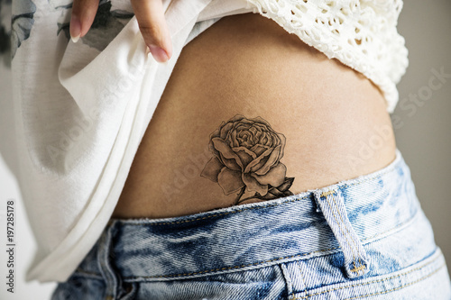 Closeup of hip tattoo on a woman