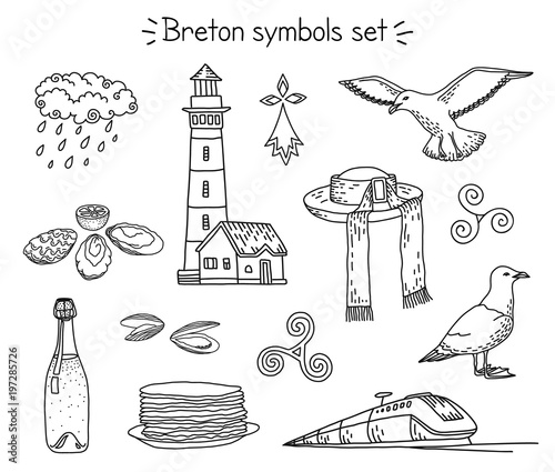 Vector coloring book breton elements: lighthouse, seagulls, traditional hut, train, cidre and crepes, oysters, mussels, rainy cloud, triskele and hermine. photo