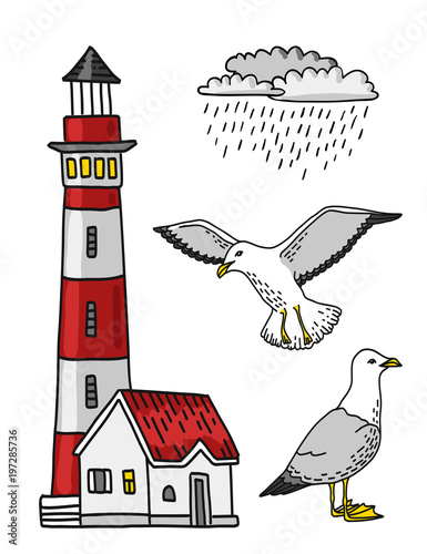 Red and white lighthouse, rain cloud and seagull, vector colored lineart