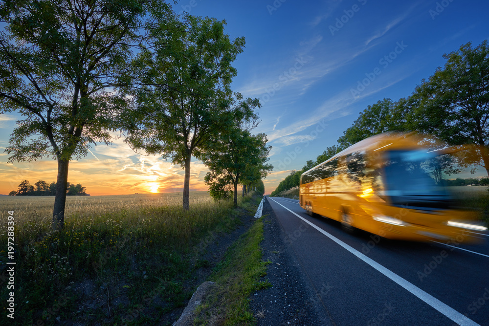 Motion blurred yellow bus traveling on the road in the avenue of trees in a rural landscape at sunset