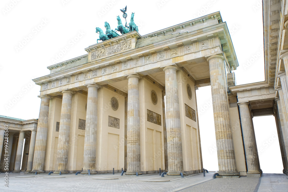 Brandenburg Gate on white background, the famous landmark of Berlin, Germany