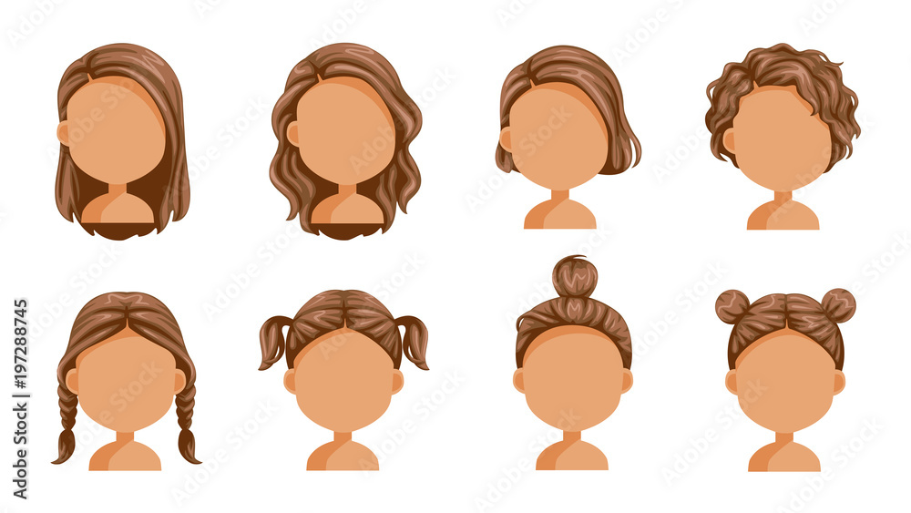 Little girl hair set. face of a little girl. beautiful hairstyle. child  modern fashion for assortment. long , short , curly hair. salon hairstyles  and trendy haircut. vector icon set isolated Stock